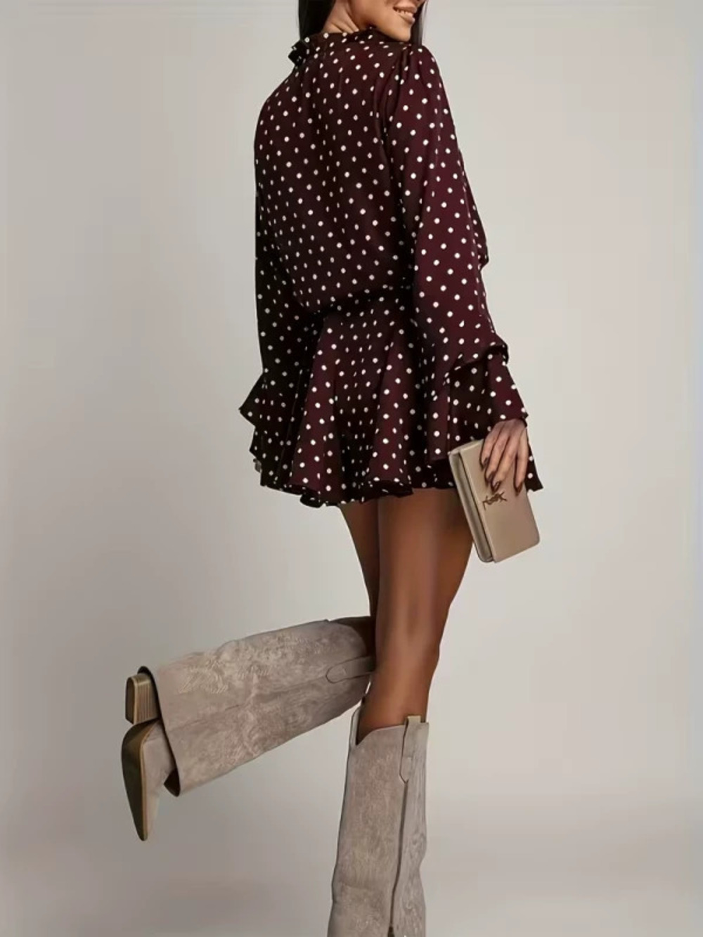 ZARA Seasonal Cocoa Polka Dot Bias Cut Flare Sleeve Ruffle Dress